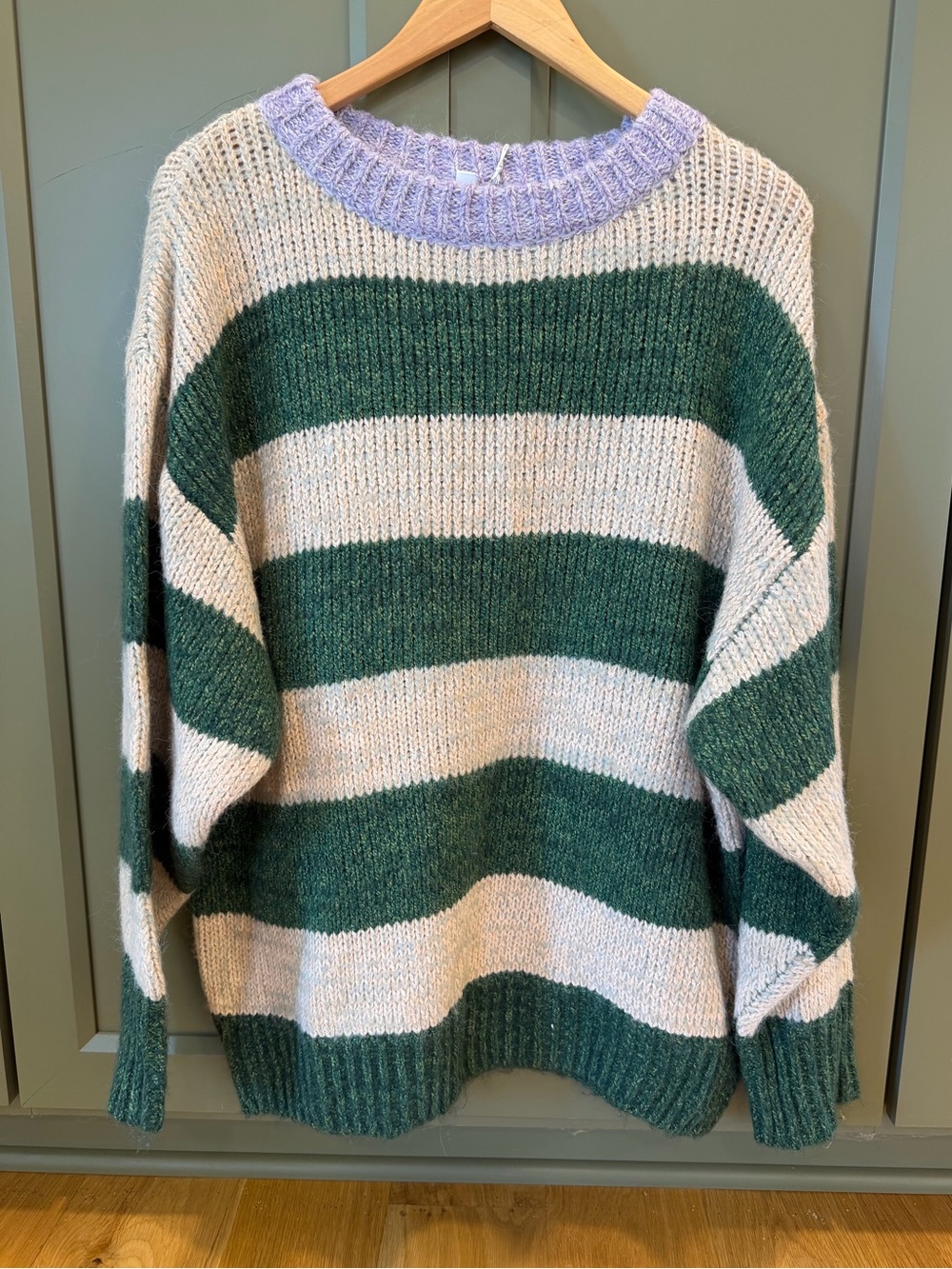 Aemi + Co Striped Green & Cream Oversized Crewneck Sweater